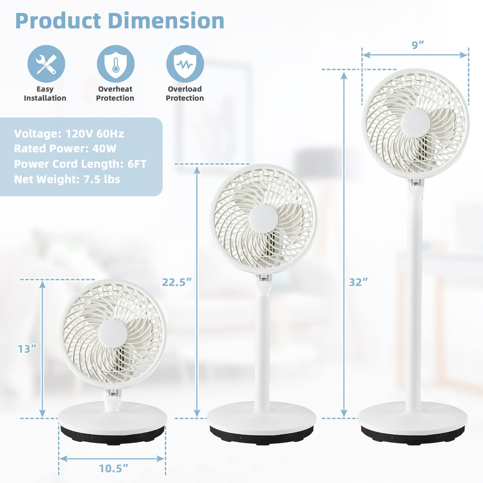 GOFLAME Pedestal Floor Fan with Remote Control, Portable Standing Fan with 85° Oscillation, 100° Tilt, 3 Wind Speeds and 7H Timer, Quiet Cooling Fan for Bedroom Living Room Home Office