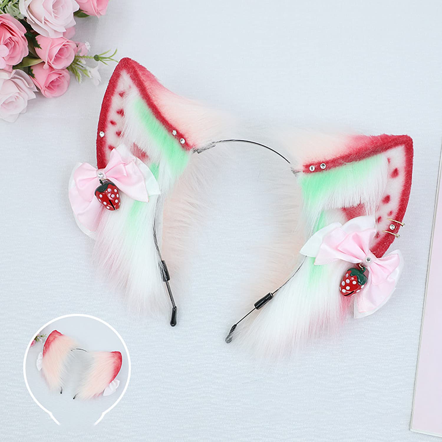 Faylay Women Furry Cat Ear Animal Ears Headband Ribbon Decor (CMME)