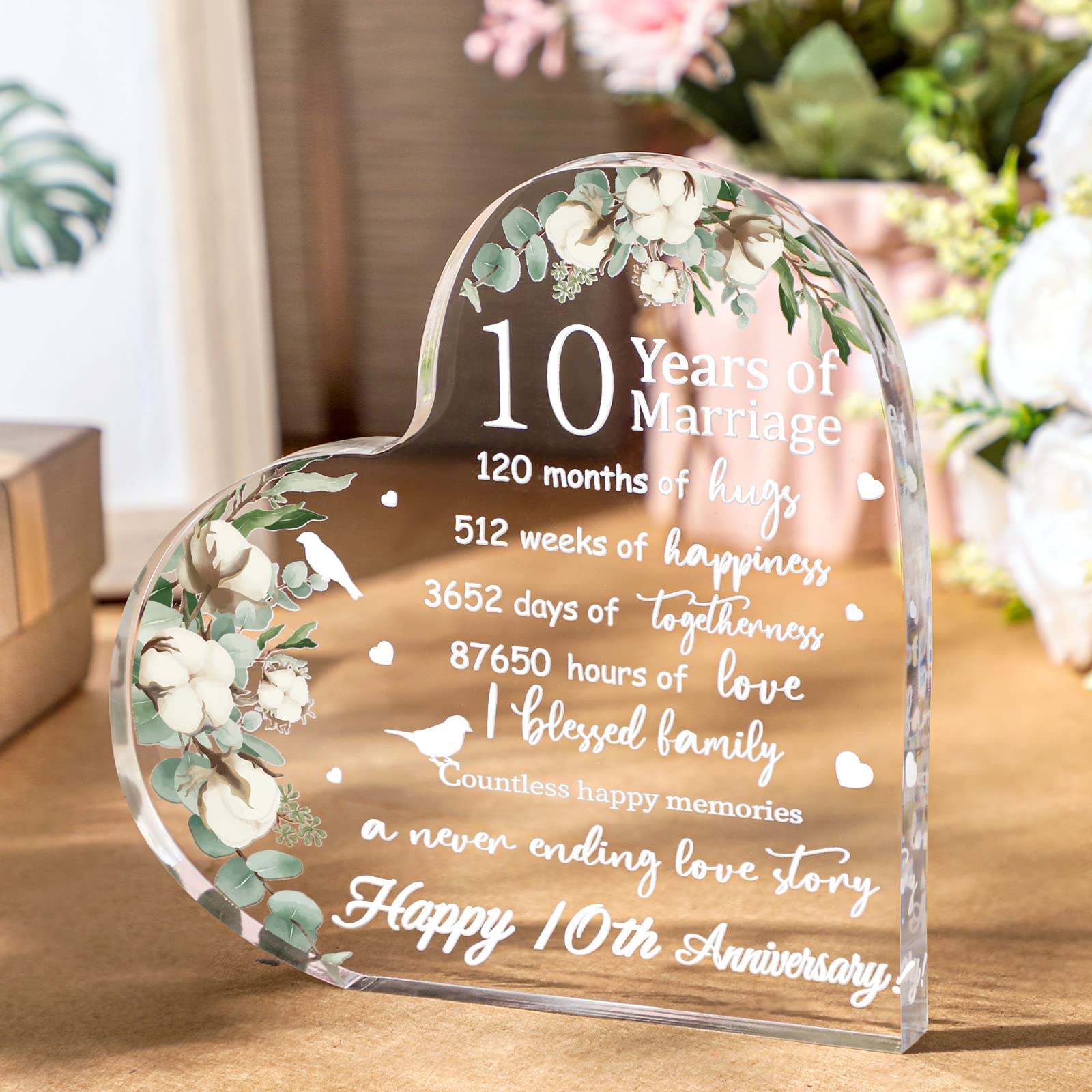 Wedding Gift for Her Years of Marriage Gift Happy Anniversary Present for Woman Acrylic Heart Marriage Keepsake for Wife Husband Girlfriend Boyfriend (10th Style)