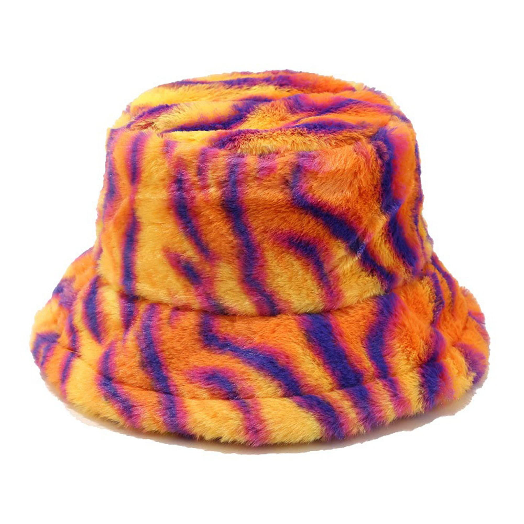 Dirholl Women's Winter Faux Fur Fuzzy Warm Bucket Hat Purple Strip Orange