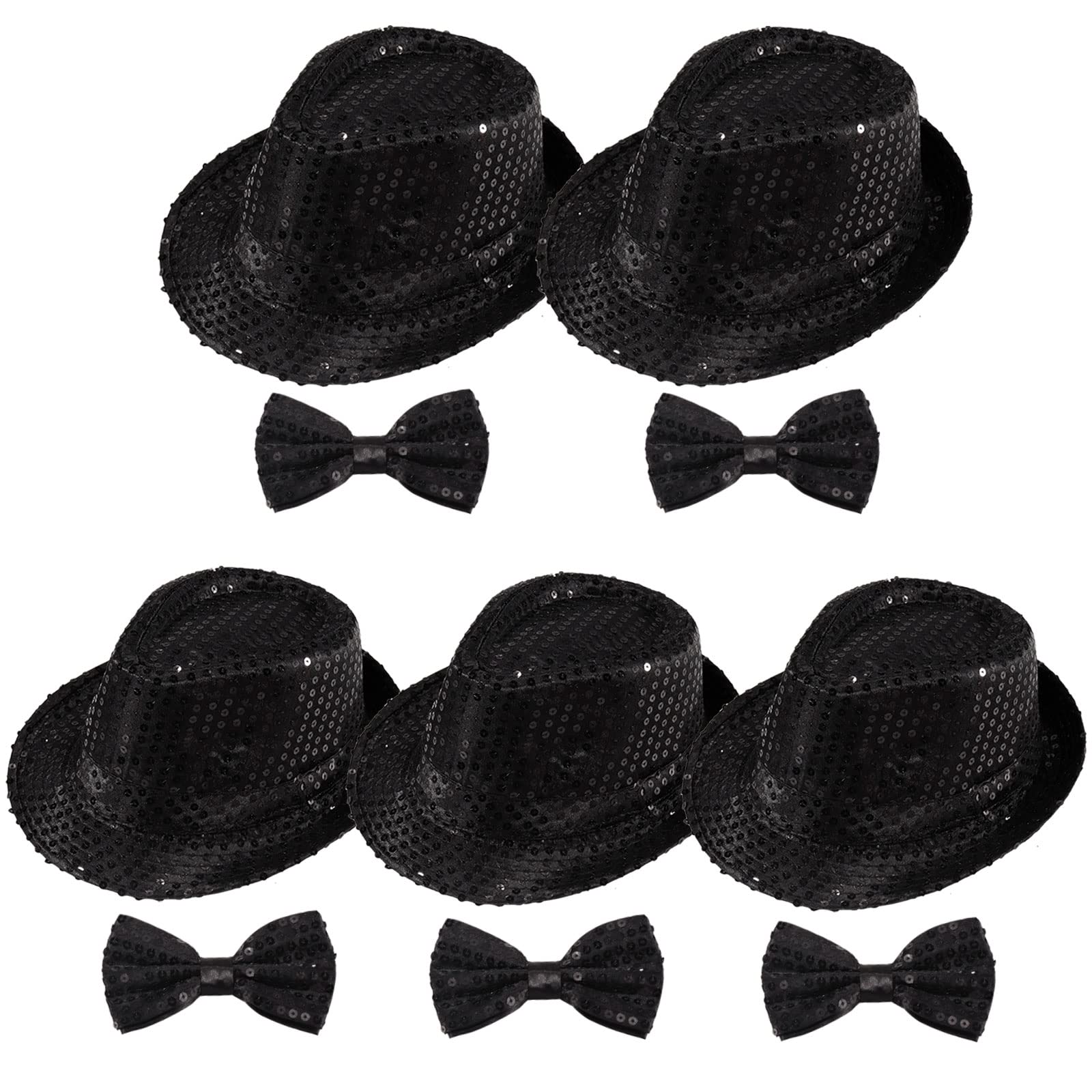 10 Pcs Unisex Sequin Fedora Hat Sequin Bow Ties Set Bling Retro Dance Jazz Cap Funky Party Costume Fedora (Large, 5Pack Black)