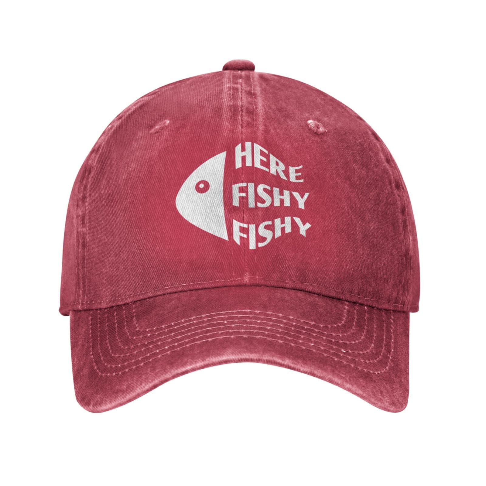 QVXHKP Funny Fishing Hat Here Fishy Fishy Fishy Hat Women Dad Hats Graphic Hat Red