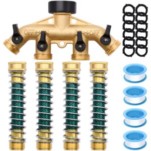 4 Way Hose Splitter with 4Pcs Garden Hose Extension Adapter, Brass Garden Hose Splitter Set, Hose Spigot Adapter with 4 Valves and 12 Rubber Washers & 4 Tapes (4 Way Splitter with 4Pcs hose protector)