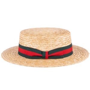 ZAKIRA Classic Straw Boater Hat Handmade from Natural Straw (Green-Red Band, M)