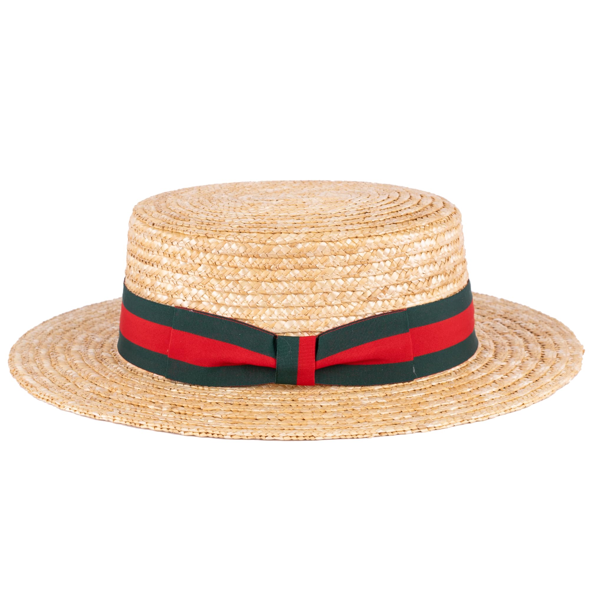 ZAKIRA Classic Straw Boater Hat Handmade from Natural Straw (Green-Red Band, M)