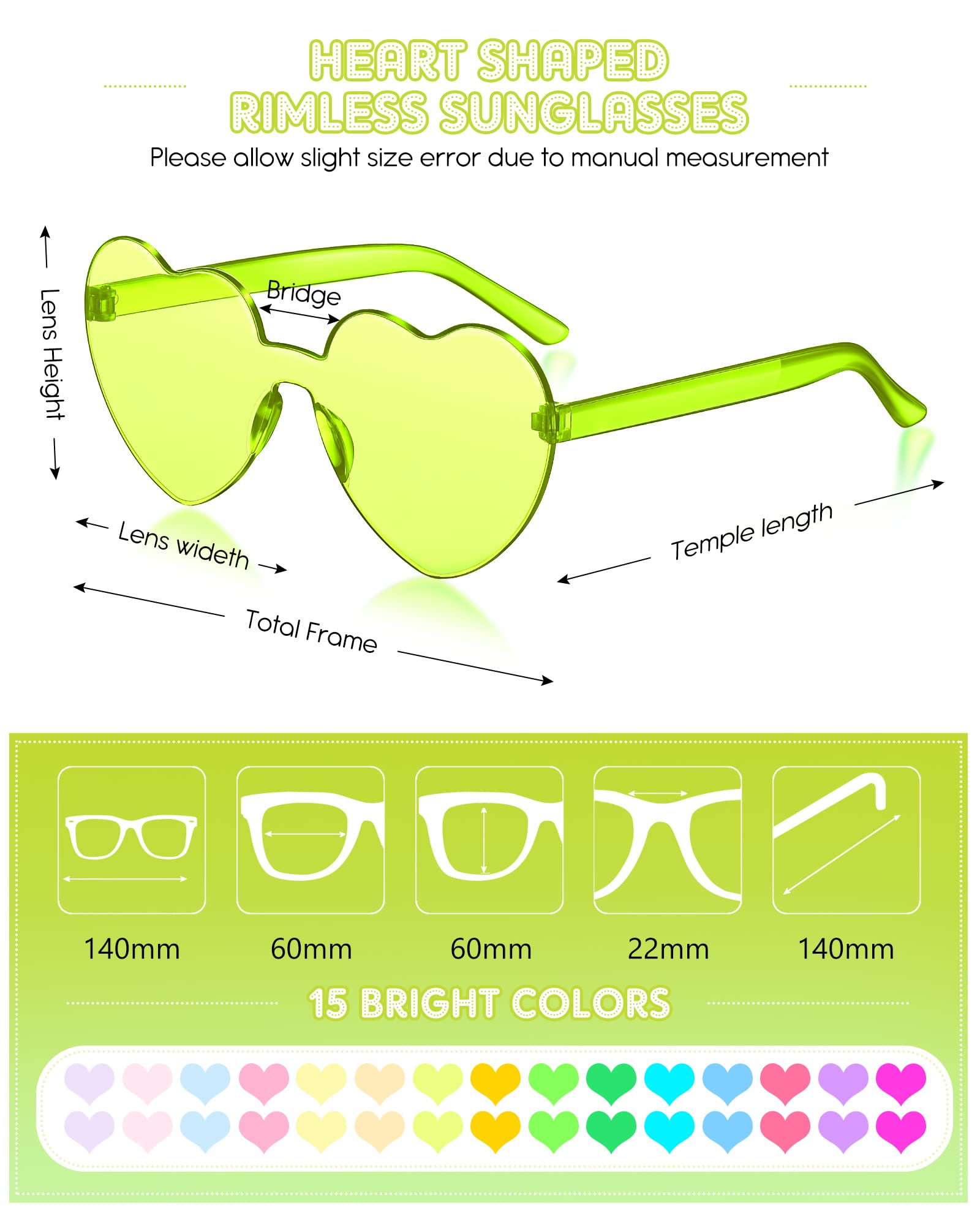 Colzzy 30 Pcs Heart Shaped Rimless Sunglasses Transparent Colorful Frameless Glasses Eyewear Bachelorette Party (Vivid Colors)