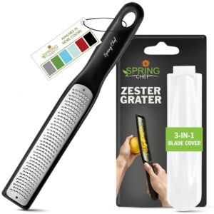 spring chef premium lemon zester grater with handle - fruits, garlic, chocolate, nutmeg, ginger grater - heavy duty kitchen tool - stainless steel citrus zester with blade cover - fine shred, black