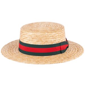 ZAKIRA Classic Straw Boater Hat Handmade from Natural Straw (Green-Red Band, M)