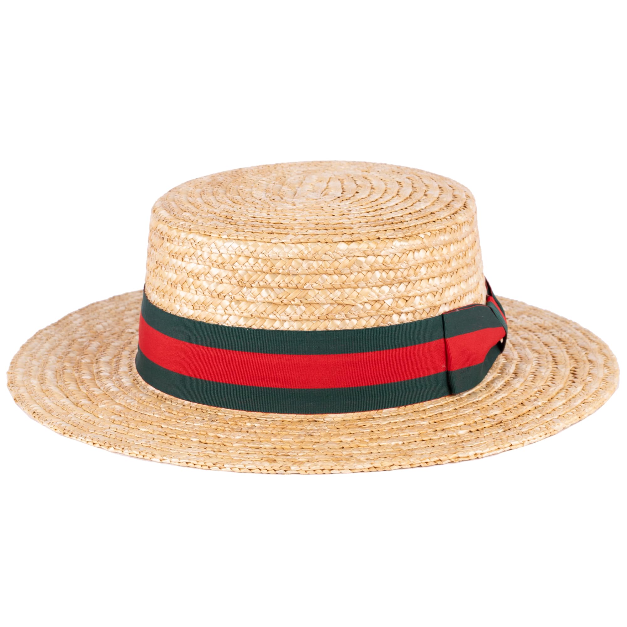 ZAKIRA Classic Straw Boater Hat Handmade from Natural Straw (Green-Red Band, M)