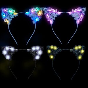 juexica led lace cat ears headband - 4 pcs light up hair accessories for women, girls, christmas, fancy dress, cosplay party favors