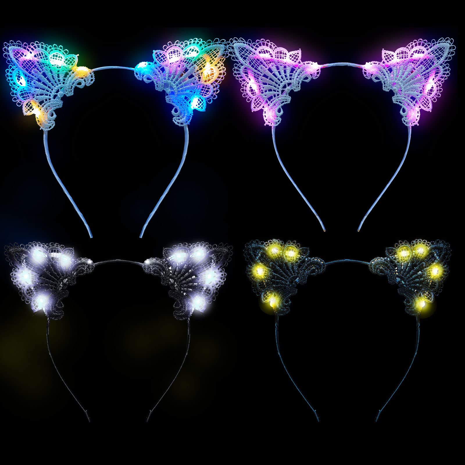 Juexica LED Lace Cat Ears Headband - 4 Pcs Light Up Hair Accessories for Women, Girls, Christmas, Fancy Dress, Cosplay Party Favors