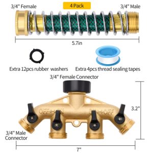 4 Way Hose Splitter with 4Pcs Garden Hose Extension Adapter, Brass Garden Hose Splitter Set, Hose Spigot Adapter with 4 Valves and 12 Rubber Washers & 4 Tapes (4 Way Splitter with 4Pcs hose protector)