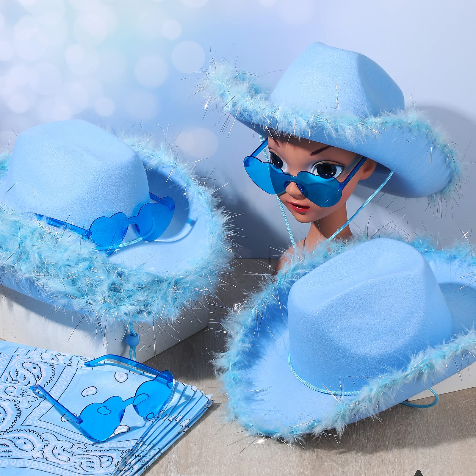 24 Pack Cowgirl Hats with Paisley Bandana and Heart Glasses Set, Fluffy Feather Boa Cowgirl Hats Cowboy Hats for Party (Light Blue)