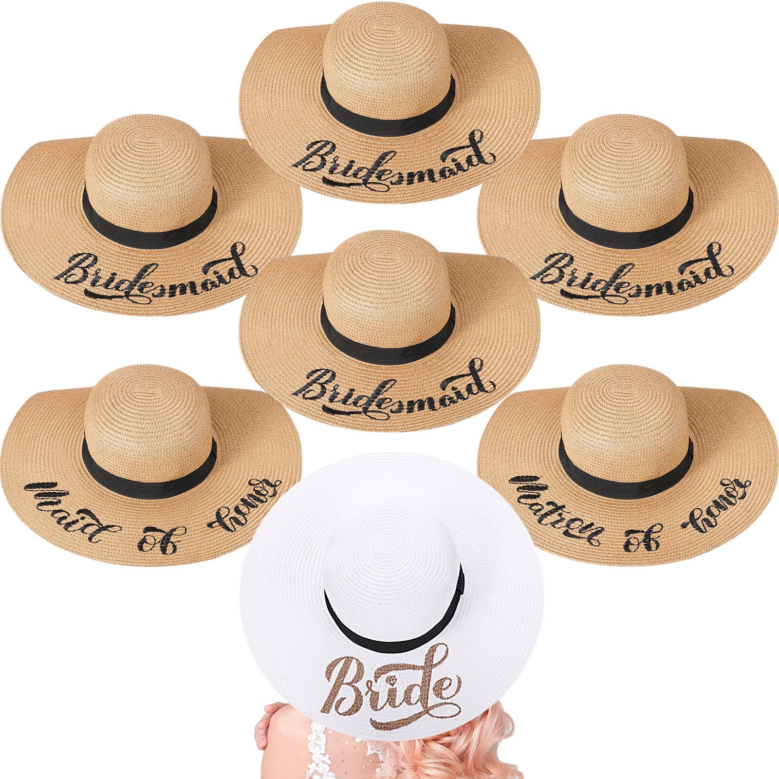 7 Pcs Bride and Bridesmaid Sun Hat Bulk Women Hat Foldable Floppy Sun Hat for Bachelorette Party Gift Honeymoon (Cute Style) White, Beige