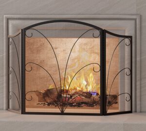 kingson 3-panel arched fireplace screen decorative, handcrafted scroll wrought iron fireplace spark guard cover - black