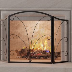 Kingson 3-Panel Arched Fireplace Screen Decorative, Handcrafted Scroll Wrought Iron Fireplace Spark Guard Cover - Black