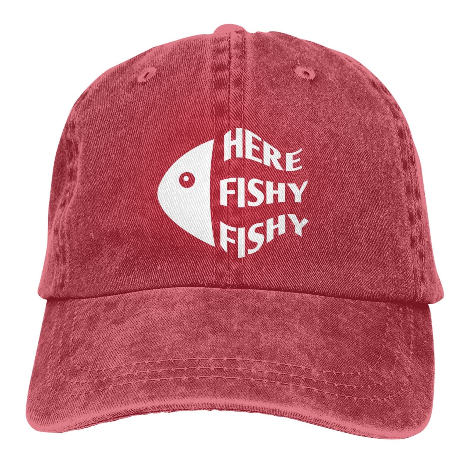 QVXHKP Funny Fishing Hat Here Fishy Fishy Fishy Hat Women Dad Hats Graphic Hat Red