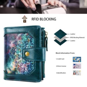 Simikol Women Leather Wallet RFID Blocking Small Bifold Zipper Pocket Wallet Card Case Purse with ID Window,Mandala Nebula