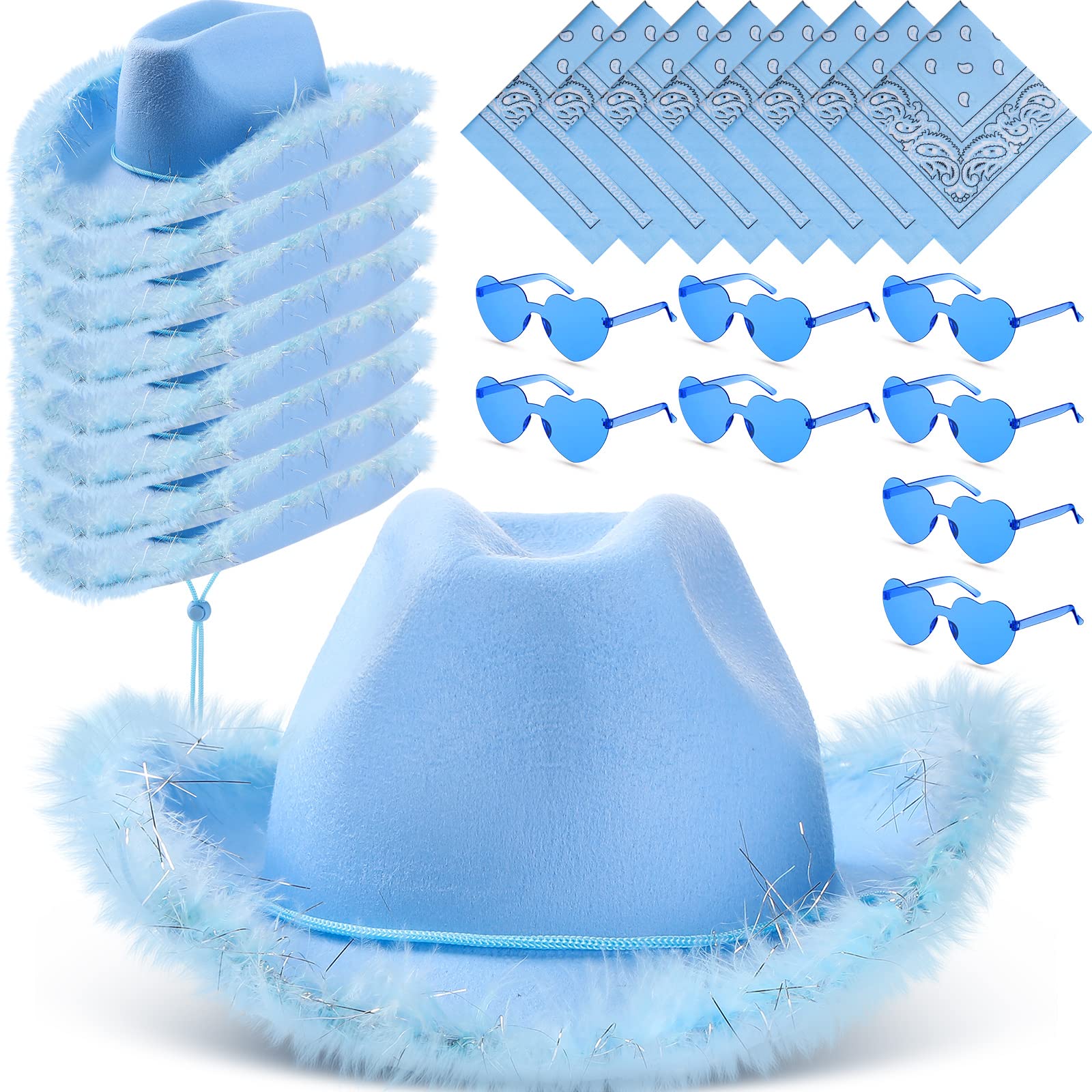 24 Pack Cowgirl Hats with Paisley Bandana and Heart Glasses Set, Fluffy Feather Boa Cowgirl Hats Cowboy Hats for Party (Light Blue)