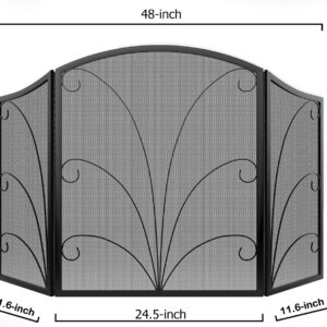 Kingson 3-Panel Arched Fireplace Screen Decorative, Handcrafted Scroll Wrought Iron Fireplace Spark Guard Cover - Black