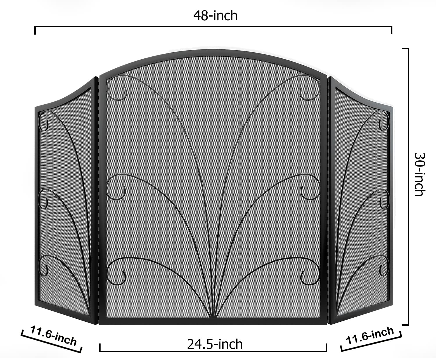 Kingson 3-Panel Arched Fireplace Screen Decorative, Handcrafted Scroll Wrought Iron Fireplace Spark Guard Cover - Black