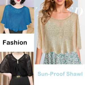 RainFlowwer Knitted Sun-Proof Shawl, Ice Silk Shawl for Women, Summer Hollow-Out Knit Shawl Wraps, Women's Open Knit Top (Black)