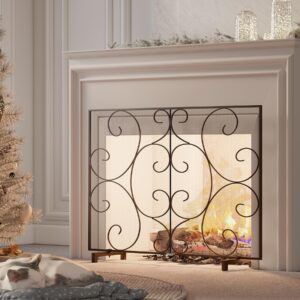 Kingson Single Panel Decorative Flat Fireplace Screen Cover Handcrafted Durable Metal Mesh, Heat-Resistant Free Standing Fire Spark Guard Mesh 37.8" L x 8.8" W x 30.7" H