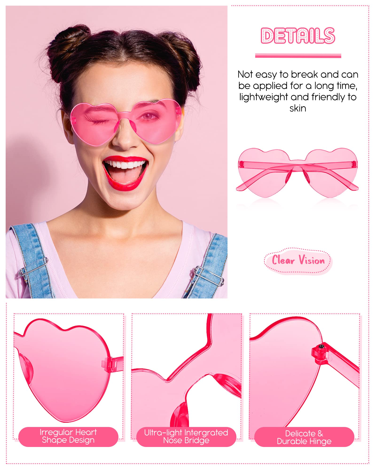 Colzzy 16 Pair Heart Shaped Sunglasses Candy Color Glasses Frameless Sunglasses for Party Women(Pink)