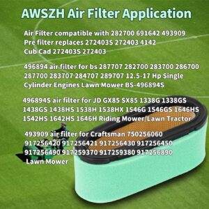 AWSZH 496894S 496894 493909 Air Filter 272403S 272403 Pre Filter Compatible with 12.5-17 HP 5053K Deer LG496894JD GX85 SX85 Scotts S1742 Sabre 1542HS 1546GS Craftsman Lawn Mower(2PC)