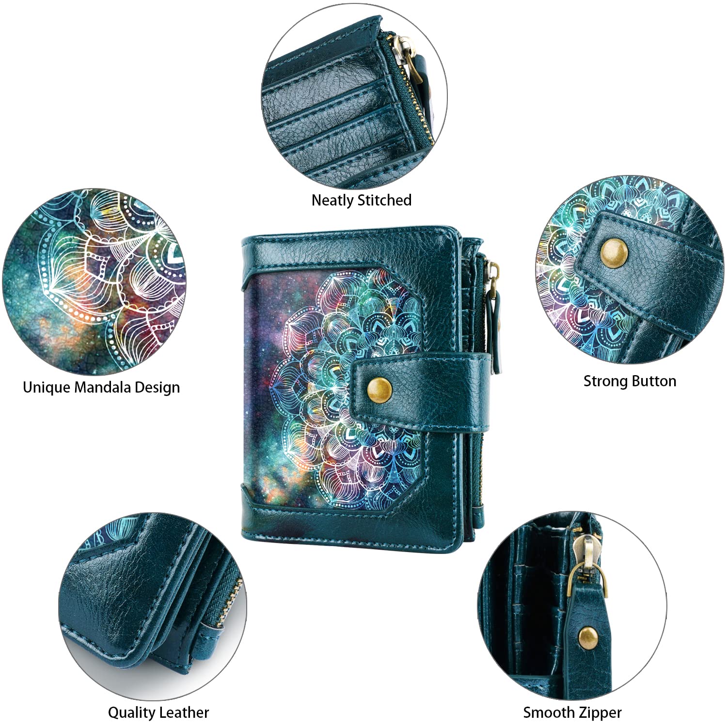 Simikol Women Leather Wallet RFID Blocking Small Bifold Zipper Pocket Wallet Card Case Purse with ID Window,Mandala Nebula