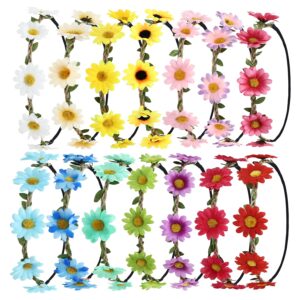 Cinaci 14 Pack Handmade Hawaiian Beach Bohemian Boho Adjustable Sunflower Flower Crowns Headbands Wreath Tiara Garland Wedding Party Headpieces for Women Girls Brides Bridesmaids Teens