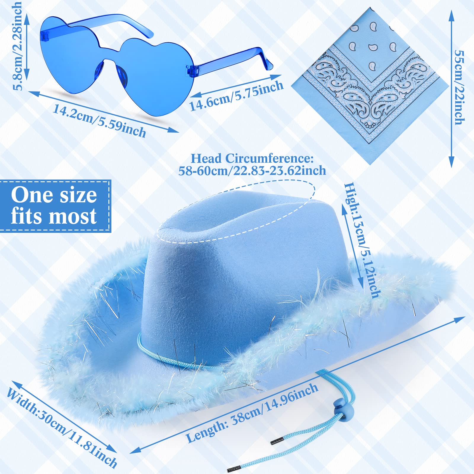 24 Pack Cowgirl Hats with Paisley Bandana and Heart Glasses Set, Fluffy Feather Boa Cowgirl Hats Cowboy Hats for Party (Light Blue)