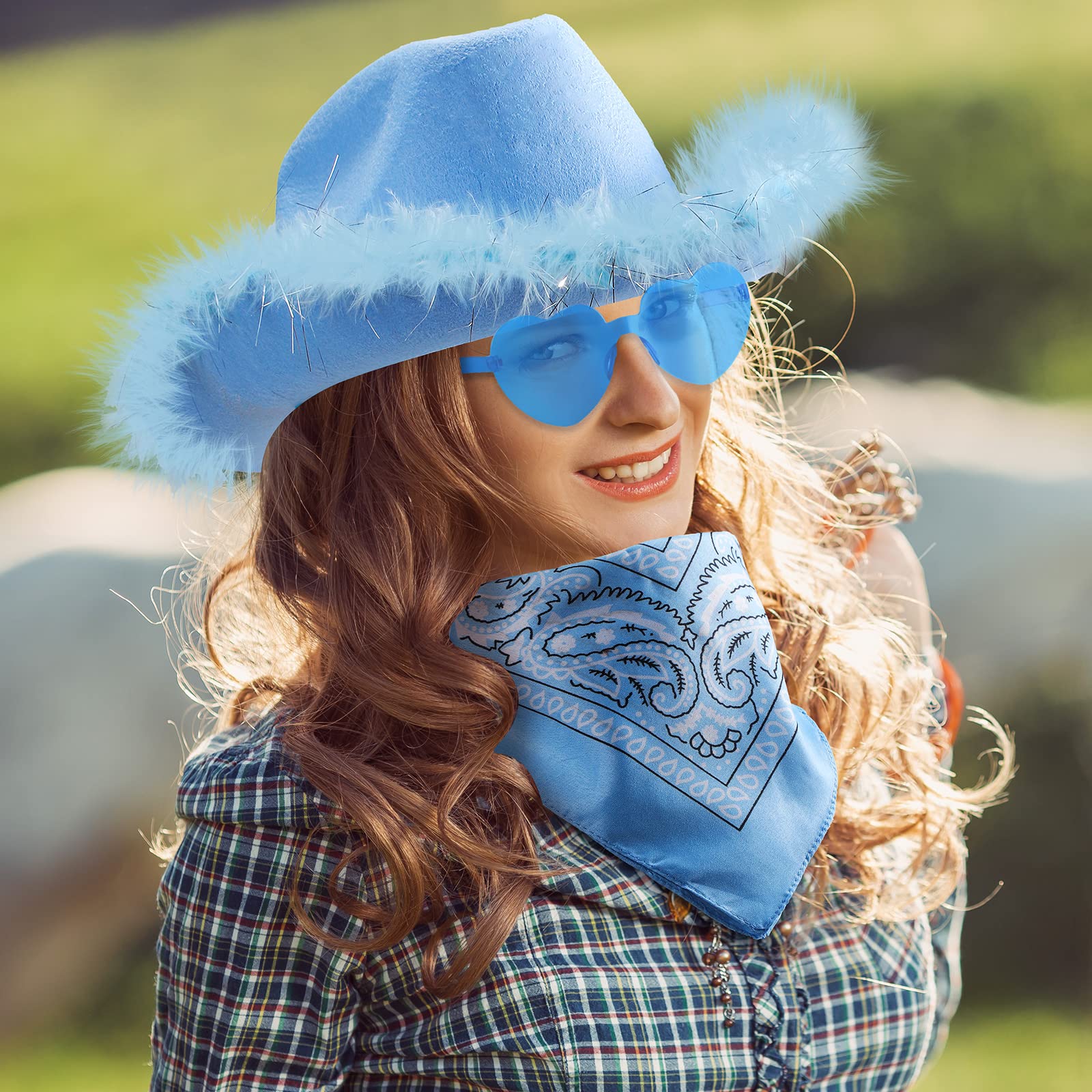 24 Pack Cowgirl Hats with Paisley Bandana and Heart Glasses Set, Fluffy Feather Boa Cowgirl Hats Cowboy Hats for Party (Light Blue)