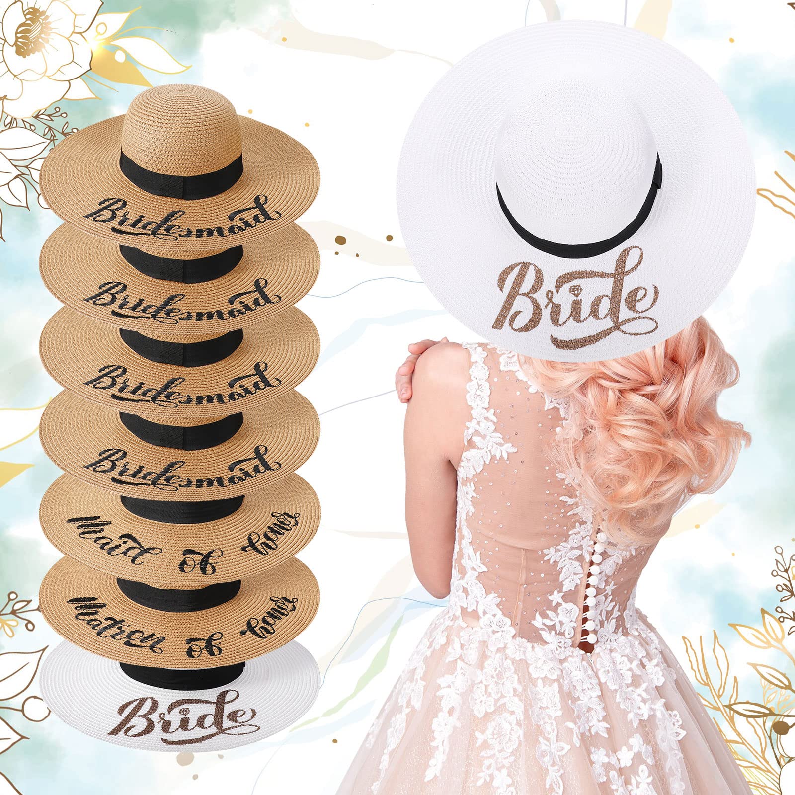 7 Pcs Bride and Bridesmaid Sun Hat Bulk Women Hat Foldable Floppy Sun Hat for Bachelorette Party Gift Honeymoon (Cute Style) White, Beige