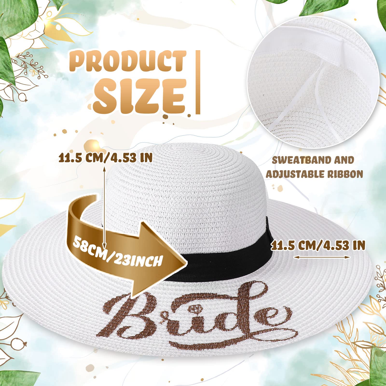 7 Pcs Bride and Bridesmaid Sun Hat Bulk Women Hat Foldable Floppy Sun Hat for Bachelorette Party Gift Honeymoon (Cute Style) White, Beige