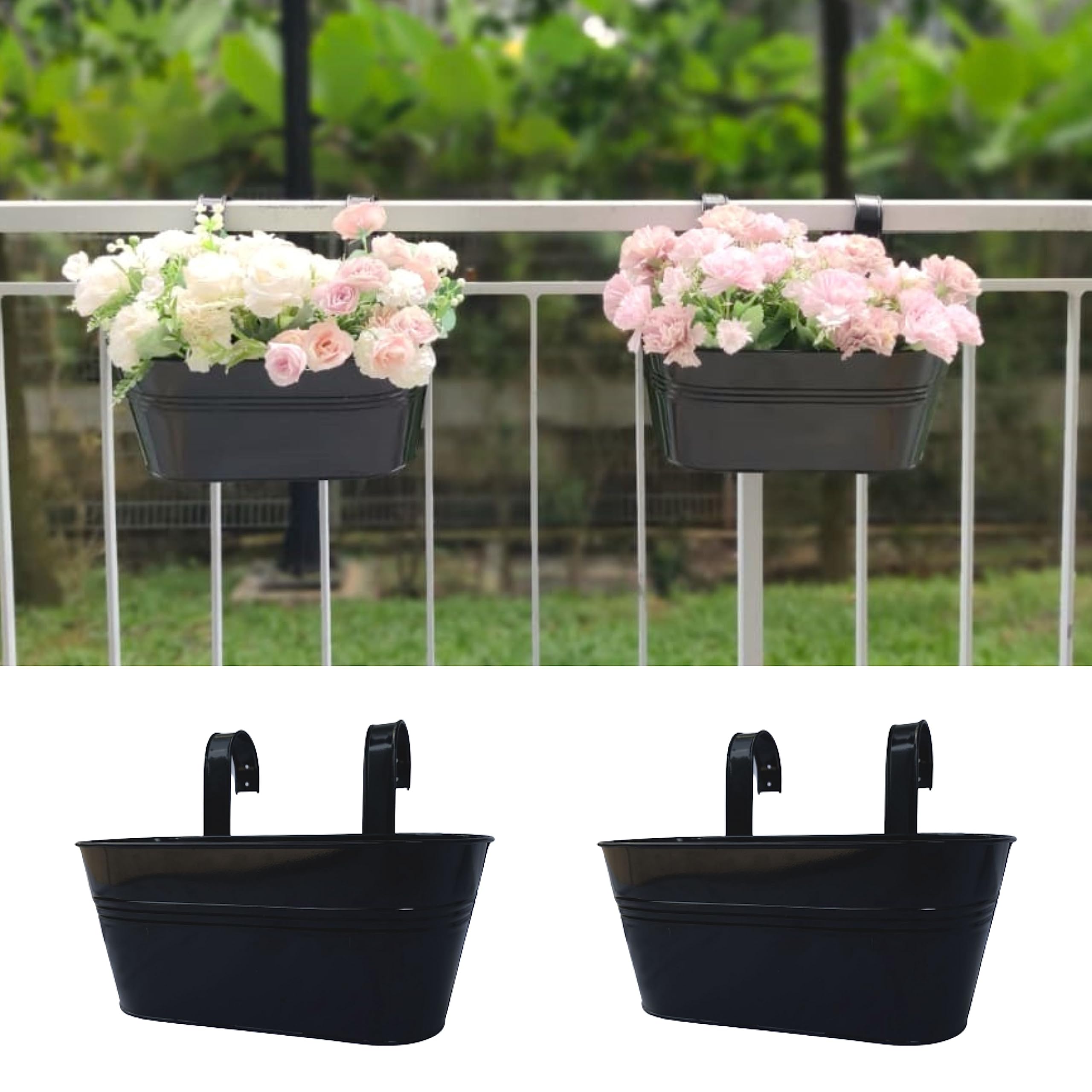 LaLaGreen Railing Planter Outdoor Plants (2 Pack, 11.2 Inch) Black Metal Iron Hanging Flower Pots Deck Rail Fence Hanging Bucket Modern Countryside Style Window Box Plant Holder with Hooks Porch Decor