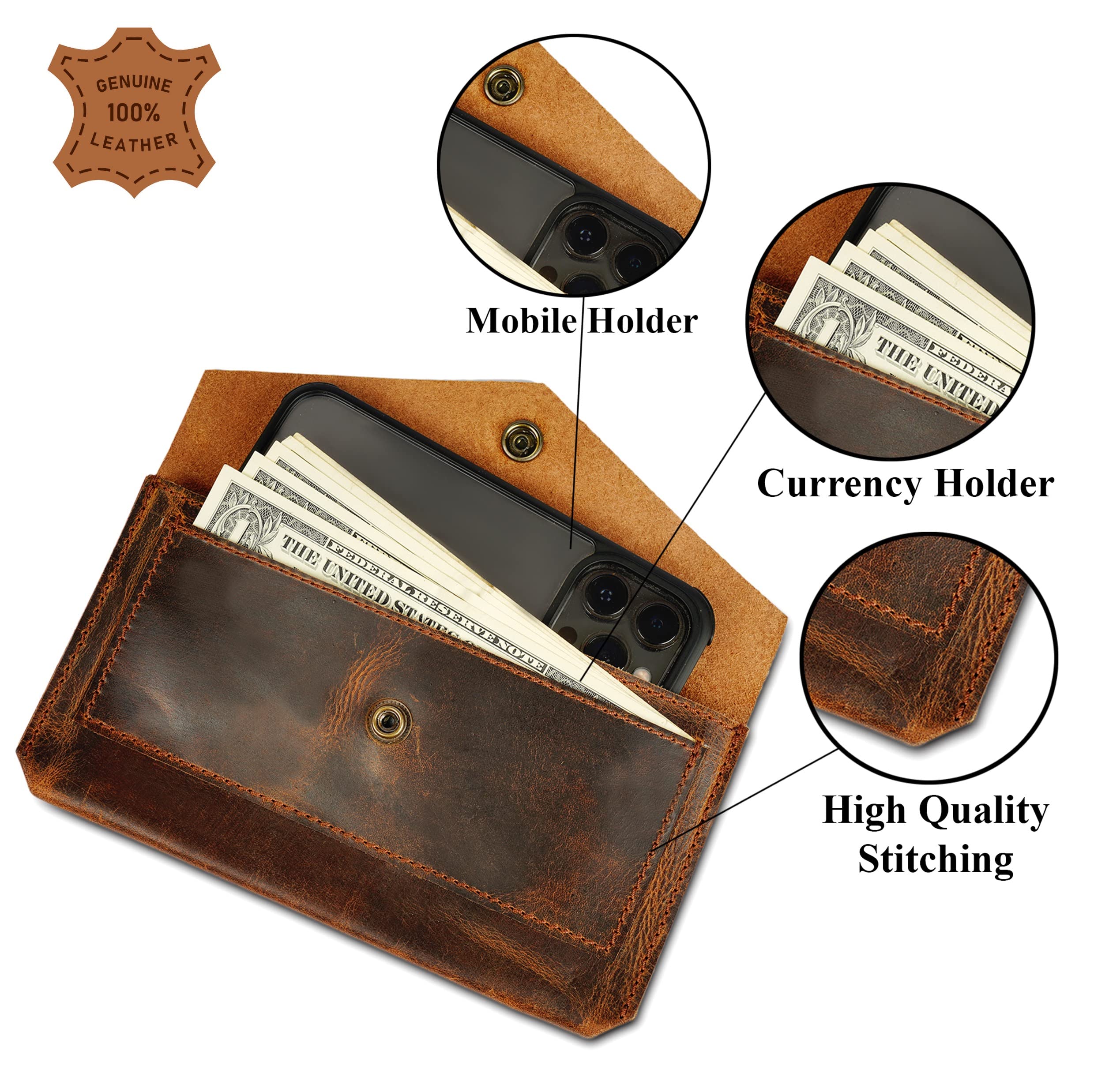 The Antiq Leather Currency Pouch, Money Organiser, Coin Purse, Retro Clutch Wallet for Men & Women, Cash Wallet, Cash Envelope, Currency Pouch with Mobile Pocket