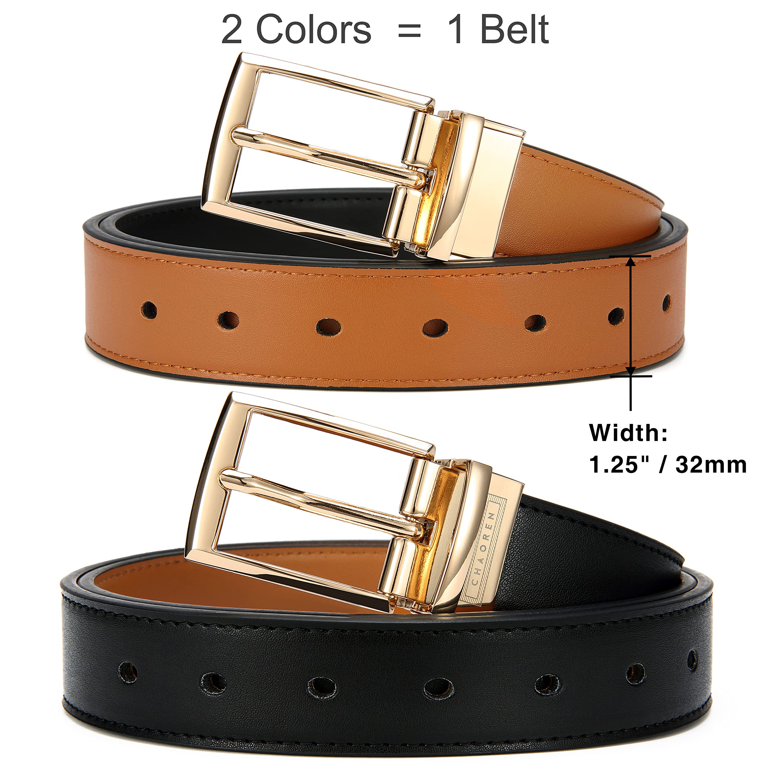 Reversible Belt for Women, CR 1.25" Womens Leather Belt for Jeans Pants - 2 Styles in One Belt