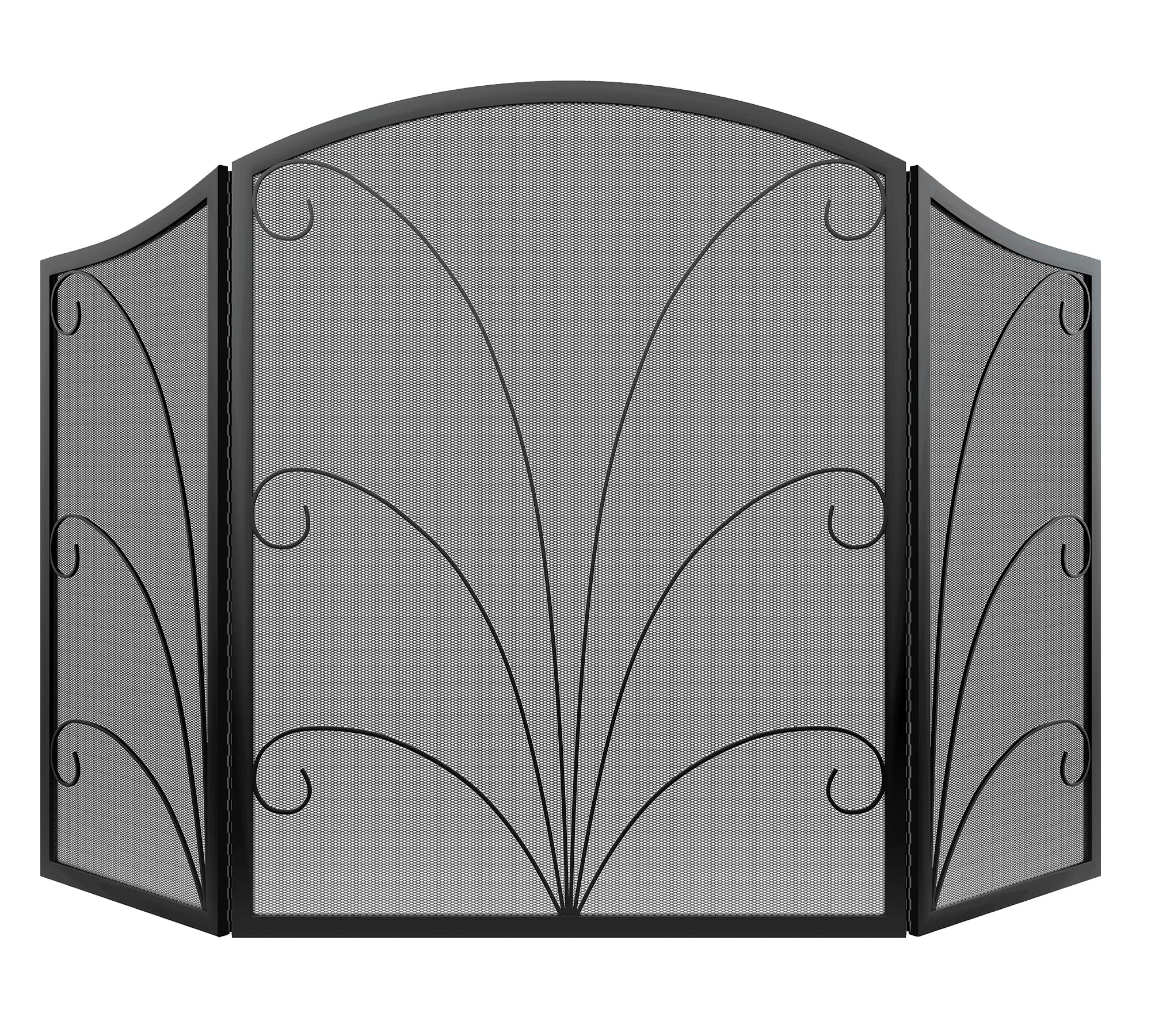 Kingson 3-Panel Arched Fireplace Screen Decorative, Handcrafted Scroll Wrought Iron Fireplace Spark Guard Cover - Black