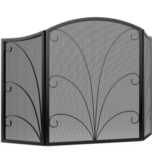 Kingson 3-Panel Arched Fireplace Screen Decorative, Handcrafted Scroll Wrought Iron Fireplace Spark Guard Cover - Black