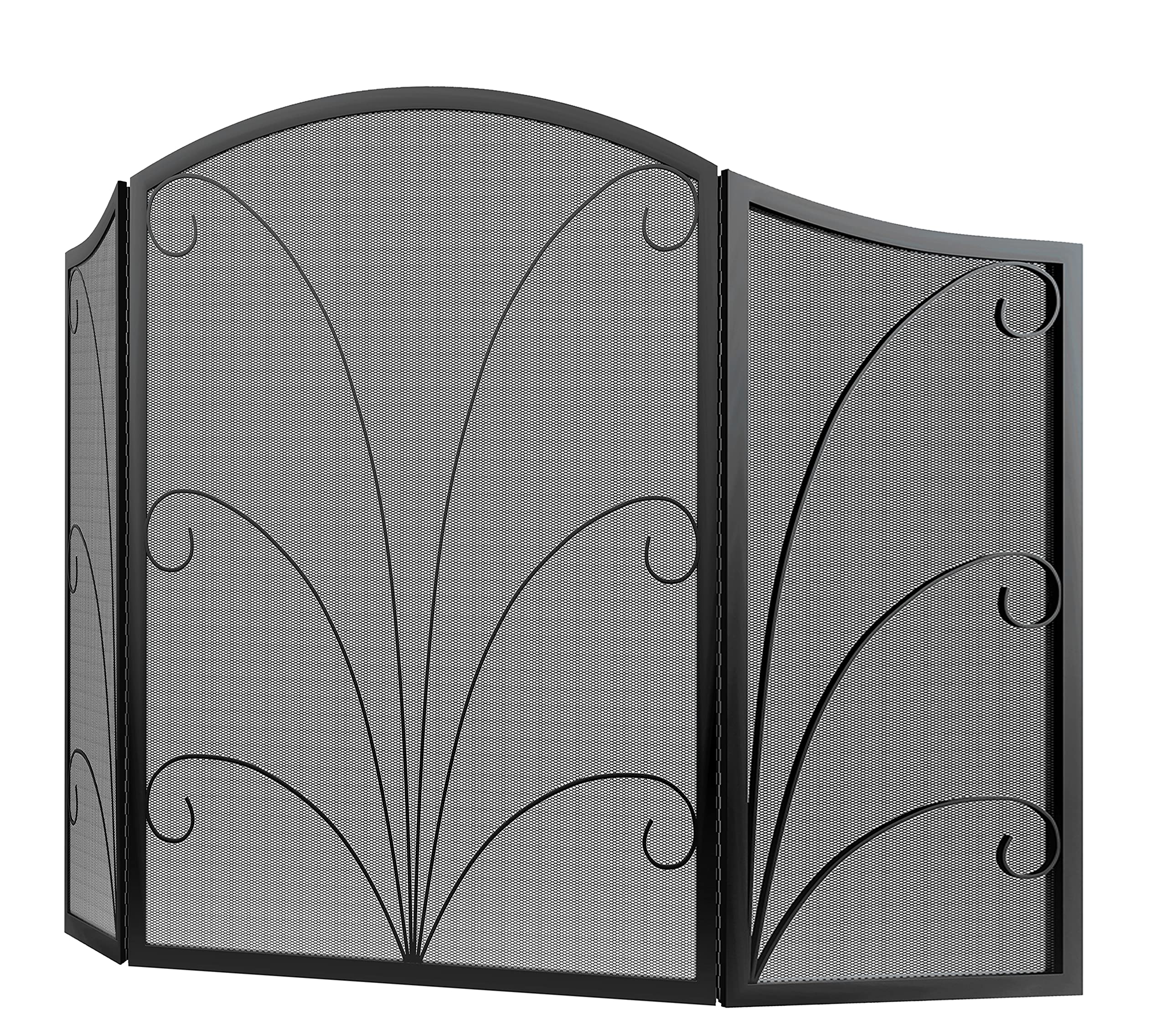 Kingson 3-Panel Arched Fireplace Screen Decorative, Handcrafted Scroll Wrought Iron Fireplace Spark Guard Cover - Black