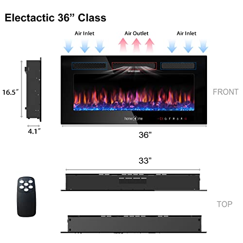 Home4me 36" Electric Fireplace, Wall Mounted and Recessed Fireplace Heater, 750/1500W Freestanding Linear Fireplace, Adjustable Flame Color, Touch Screen，Remote Control with Timer, Low Noise