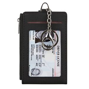 cynure women & men keychain card holder case zipper slim minimalist front pocket wallet with 2 id window, black