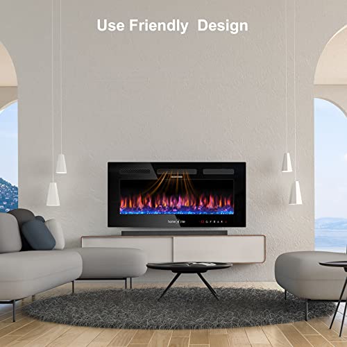 Home4me 36" Electric Fireplace, Wall Mounted and Recessed Fireplace Heater, 750/1500W Freestanding Linear Fireplace, Adjustable Flame Color, Touch Screen，Remote Control with Timer, Low Noise