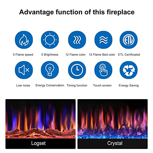 Home4me 36" Electric Fireplace, Wall Mounted and Recessed Fireplace Heater, 750/1500W Freestanding Linear Fireplace, Adjustable Flame Color, Touch Screen，Remote Control with Timer, Low Noise