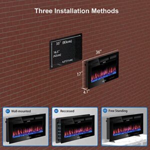 Home4me 36" Electric Fireplace, Wall Mounted and Recessed Fireplace Heater, 750/1500W Freestanding Linear Fireplace, Adjustable Flame Color, Touch Screen，Remote Control with Timer, Low Noise