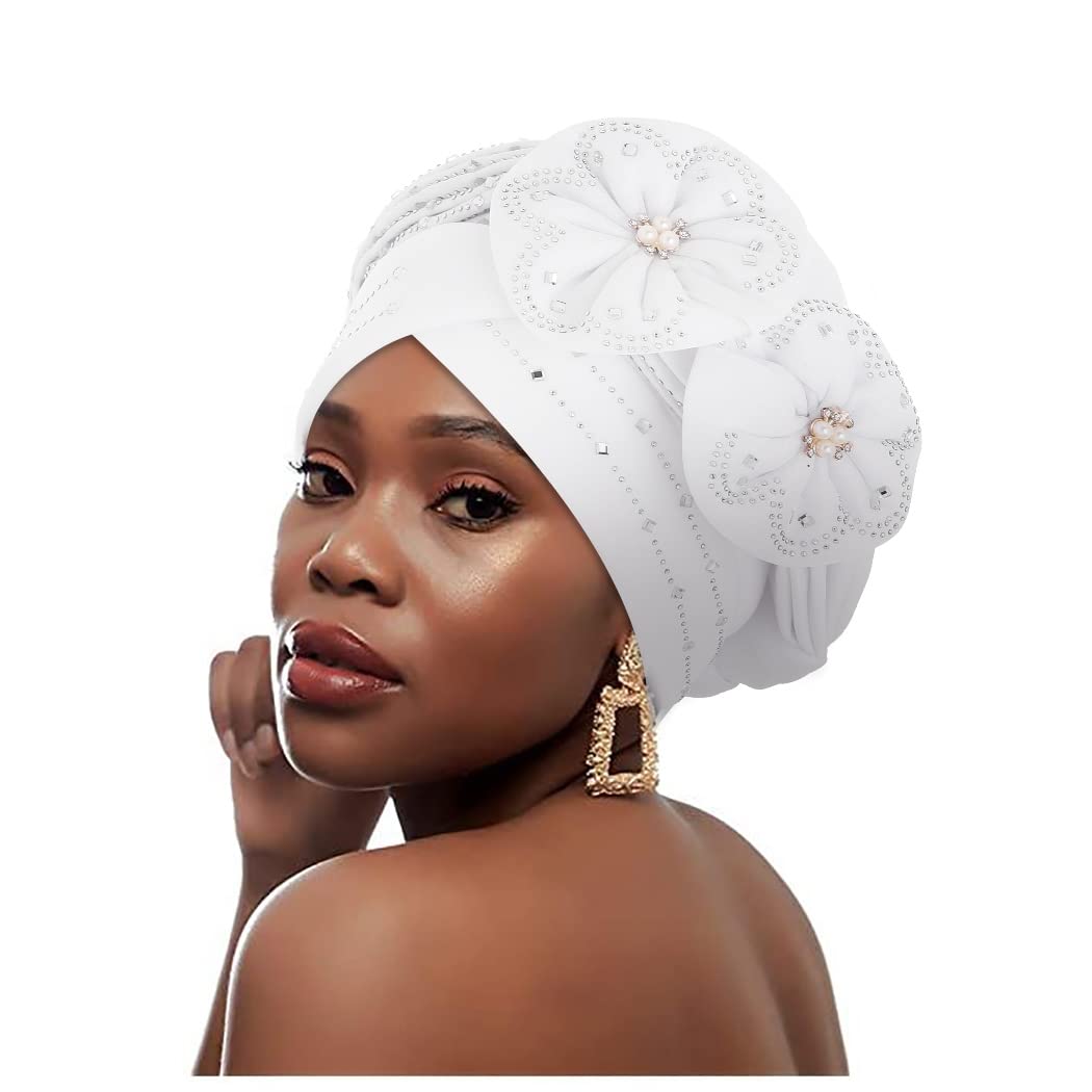 Woeoe Women African Head Wraps White Rhinestones Head Scarf Floral Pearls Beanie Cap Headwear