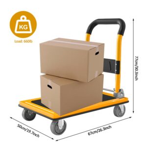 Gromay Push Cart Dolly 660lb Weight Capacity, Foldable Platform Truck,Yellow Moving Flatbed Cart with 4inch 360° Mute Wheels for Garage Garden Furniture Transport