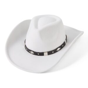 joyebuy classic wide brim women men western style cowboy cowgirl hats with buckle belt (medium, white)