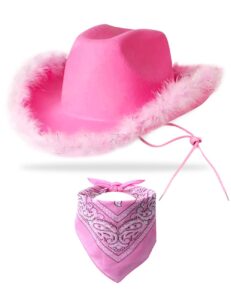 ybhomine cowboy hat with bandana - feather boa cowgirl hat for women & men,bachelorette party halloween dress-up (pink)